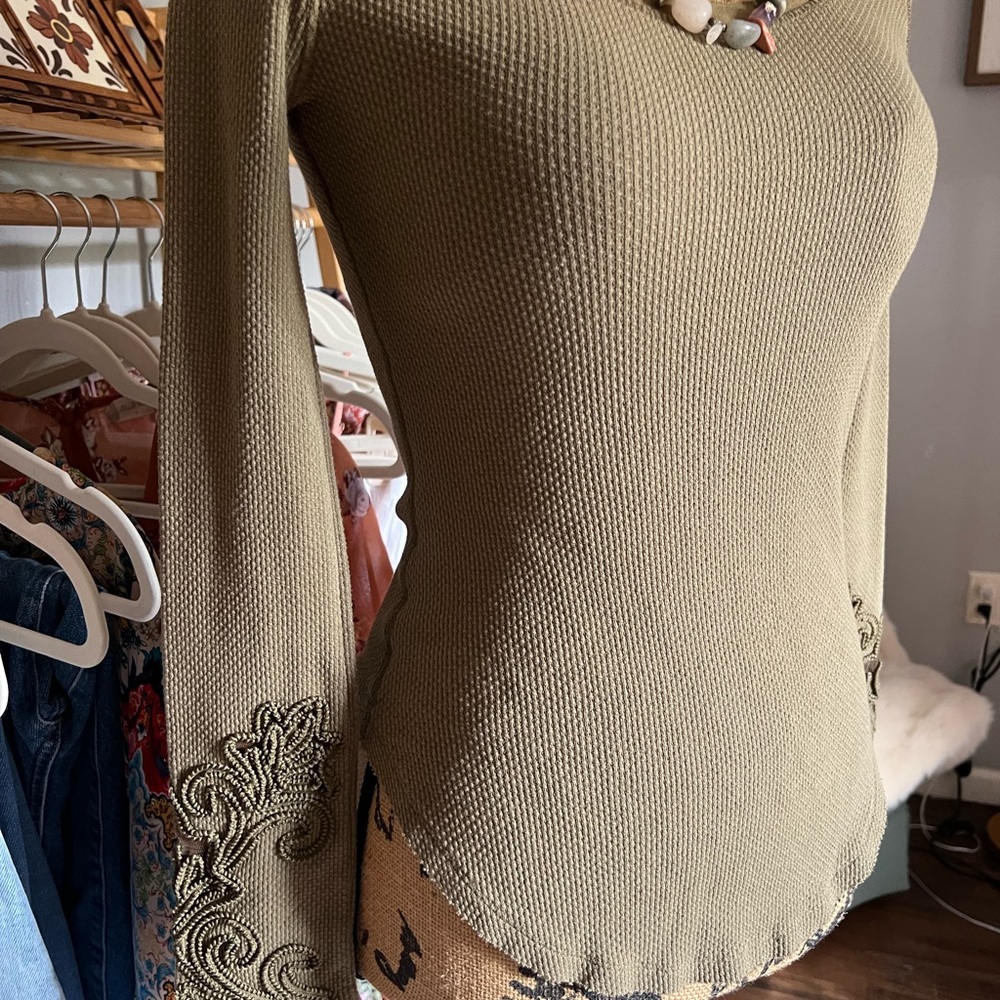 Free People Olive Green Embroidered Women's Top